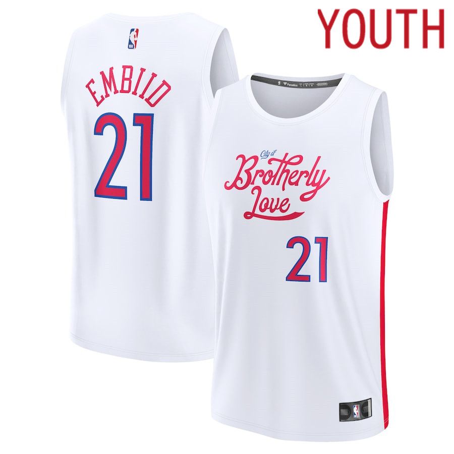 Youth Philadelphia 76ers 21 Joel Embiid Fanatics Branded White City Edition 2022-23 Fastbreak NBA Jersey